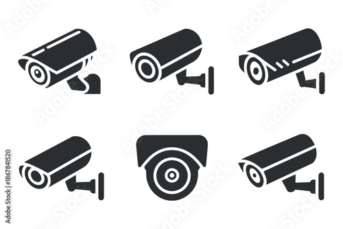 A collection of sleek modern security camera icons in black and white depicting various angles and designs for surveillance