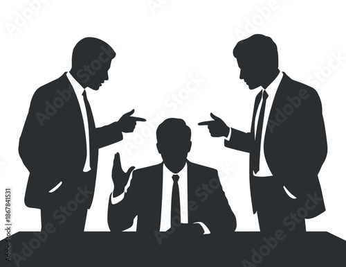 a visual representation of a tense confrontation between three business professionals in suits with aggressive pointing gestures