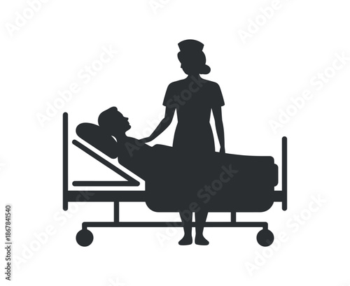 A silhouette depicts a healthcare professional attending to a patient lying in a hospital bed symbolizing care and support