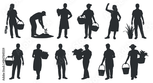 Diverse silhouettes of people gardening carrying baskets and tending to plants illustrate a communal and natural lifestyle