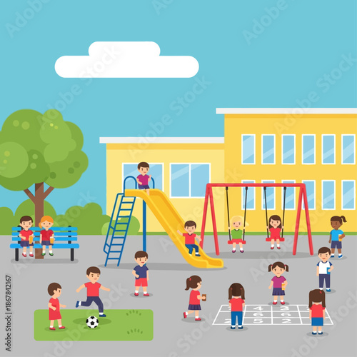 Children playing on a playground near a school building with swings and slides