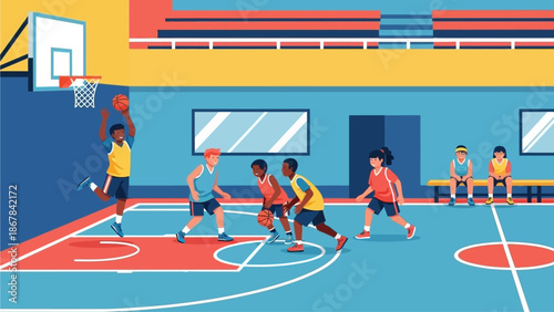 Children's basketball game in a modern indoor gym, depicting young players dribbling, shooting, and defending with energy and enthusiasm