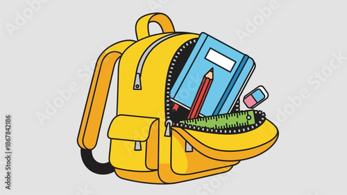 Vibrant yellow school backpack illustration, prominently displaying essential education supplies like a book, pencil, ruler, and eraser, symbolizing readiness for student learning