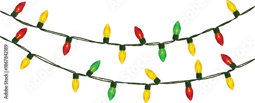 The image shows two parallel strings of lights, characterized by their classic, retro bulb shape. The main colors of the bulbs are red and yellow, with occasional green bulbs mixed in between,