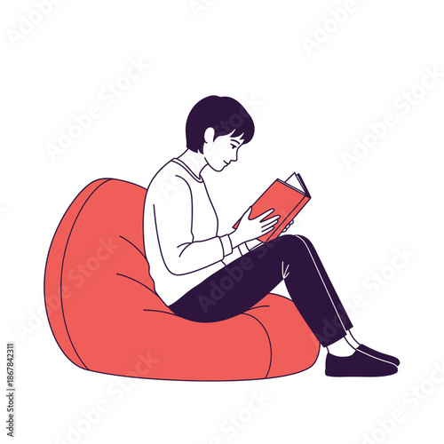 Person relaxing on a comfortable bean bag chair reading an interesting book indoors in a modern minimalist style illustration