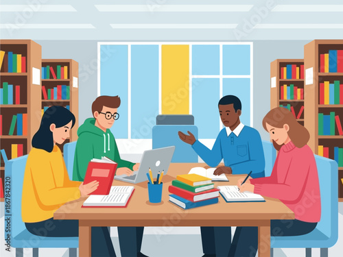 Diverse group of students collaborating on a project in a well-lit library, surrounded by bookshelves and study materials, promoting education and teamwork