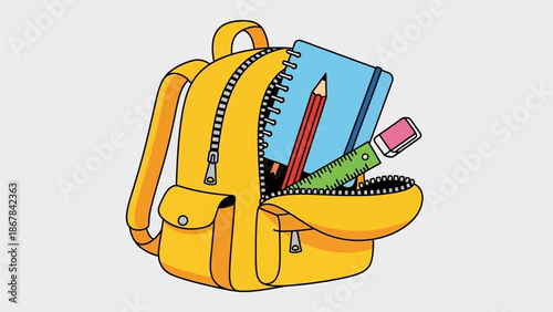 A vibrant yellow backpack bursting with essential school supplies including a notebook, pencil, and eraser, perfect for educational or travel themes