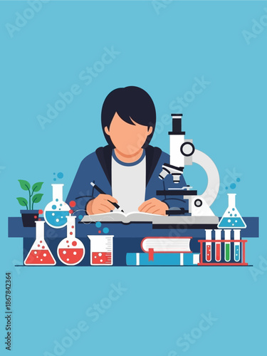 Young student learning science at a laboratory desk with microscope and beakers for education and discovery