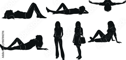 Black silhouette set of women in various lifestyle poses, including sitting, standing, and laying down, isolated vector illustration for design and advertising.