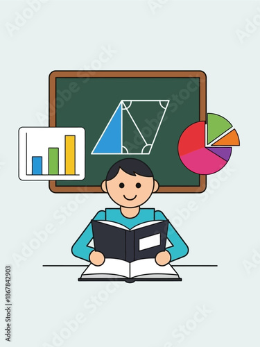 A student sitting at a desk reading a book with charts and graphs in the background, representing education and learning