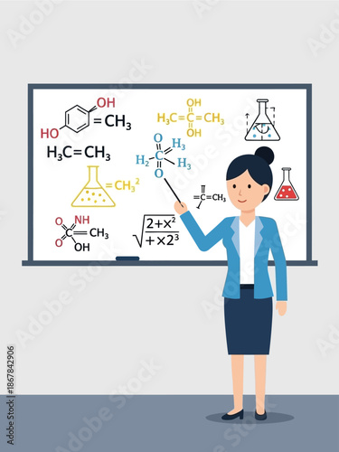 Dedicated female chemistry and mathematics educator presenting intricate scientific formulas and equations on a whiteboard, symbolizing learning, discovery, and academic instruction