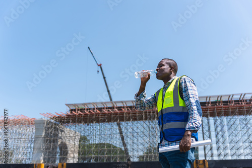 Принти на полотні Construction worker drinking water during break at infrastructure site, Industri