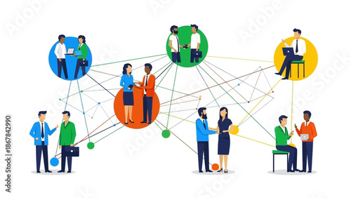 A vibrant illustration showcasing diverse professionals engaging in complex global networking, fostering strong communication, and collaborative business relationships.