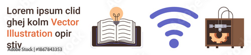 Education, innovation, connectivity, 3D printing, digital learning, technology access. Open book with a bulb, wireless symbol and 3D printer. s education and innovation for tech access