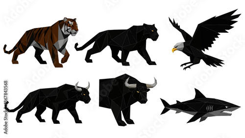 Tiger Panther Leopard Lion Eagle Shark Bull Silhouettes.