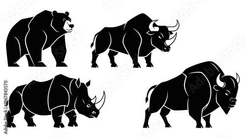 Vector Silhouettes of Various Rhino Species.