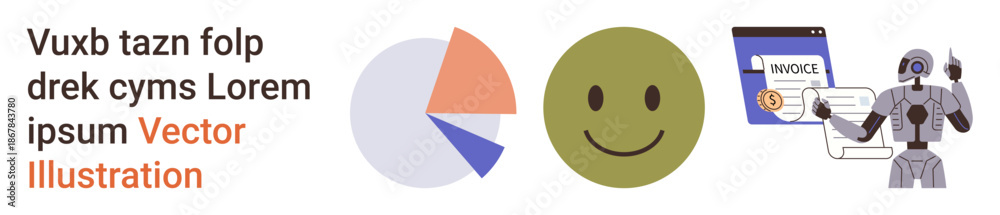 Fototapeta premium Financial analysis, artificial intelligence, business technology, robotic automation, data visualization, conceptual art. Pie chart, green happy face robot reviewing an invoice. Financial analysis