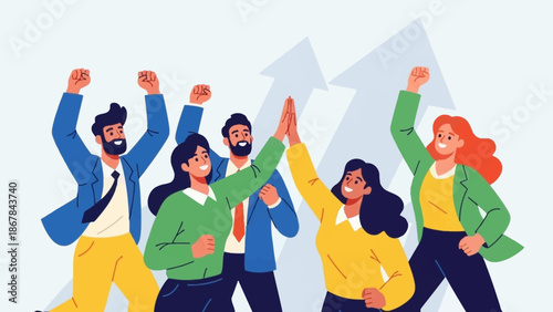 A diverse team of enthusiastic business professionals celebrates their shared success and collaborative achievement with high-fives and raised fists, symbolizing growth.