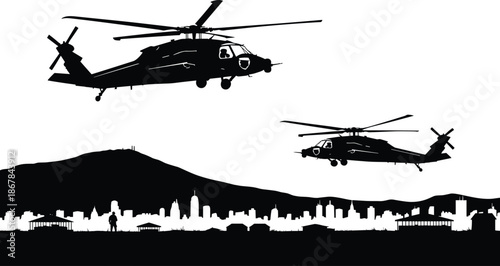 Black silhouette of military helicopters flying over a city skyline and mountain range, army transport aircraft in sky, urban warfare concept. (22 words)