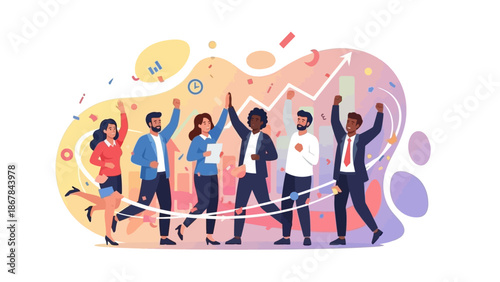 An energetic and diverse group of business professionals joyfully celebrates a major milestone, showcasing teamwork, success, and upward company growth.
