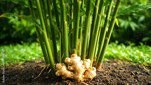Fresh Ginger Roots Emerging from Soil with Lush Green Grass in Background