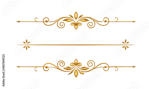 Gold text dividers doodle set. Wedding decorative elements. Divider ornament, borders, floral, vintage line separators. Hand drawn vector illustration isolated on white background. Set page dividers.