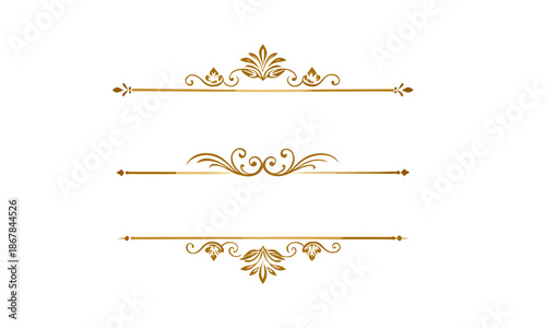 Gold text dividers doodle set. Wedding decorative elements. Divider ornament, borders, floral, vintage line separators. Hand drawn vector illustration isolated on white background. Set page dividers.