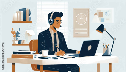 Businessman Working on Laptop at Desk.