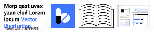 Healthcare, education, data analysis, pharmaceutical research, digital tools, information sharing. Medical pills, an open book and a user interface with charts. Healthcare and education illustrated