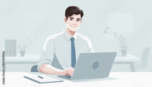 Man Working on Laptop Computer Office.