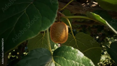 Ripening Kiwi Fruit Hanging on Vine Under Natural Light