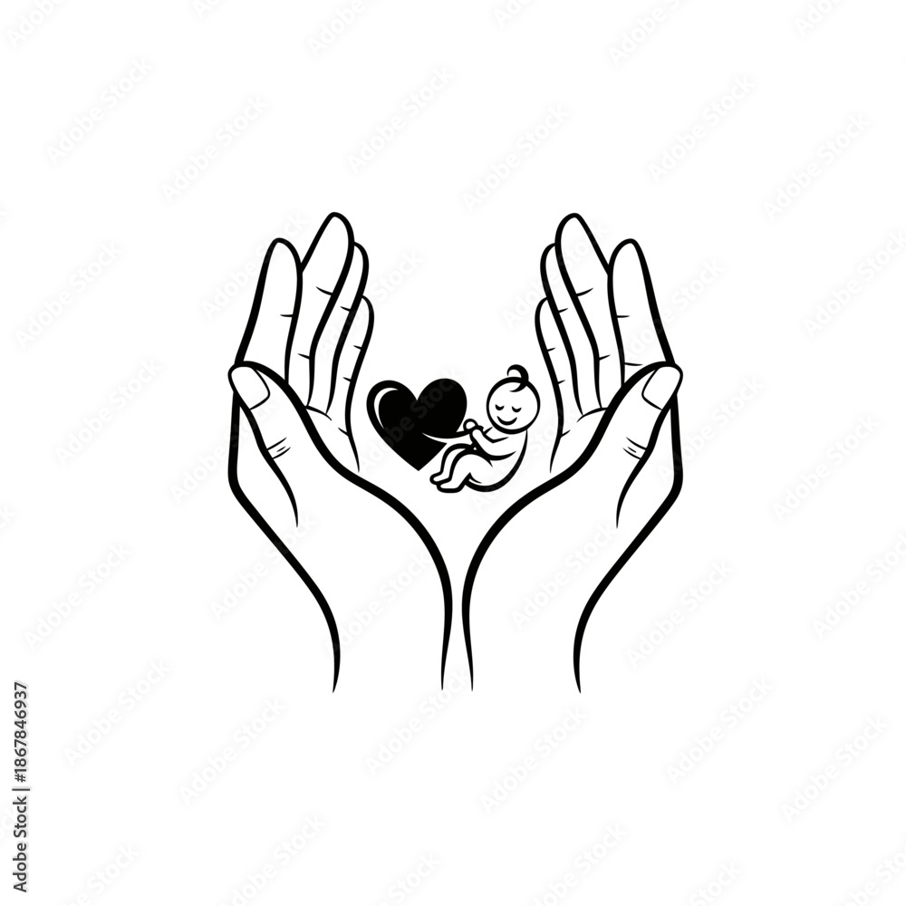 Fototapeta premium Hands holding a heart and a baby in a simple line art illustration.