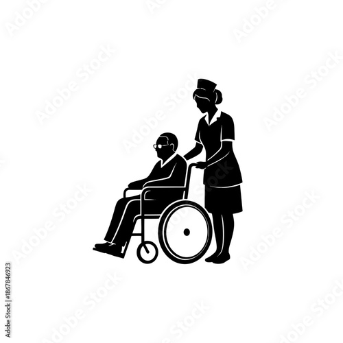 Nurse assisting a patient in a wheelchair.
