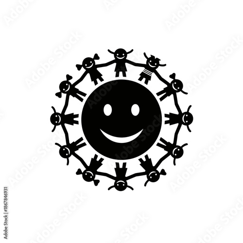 Black smiley face surrounded by dancing figures in a circular formation.