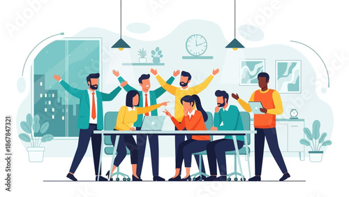 Happy diverse business professionals celebrate project success and effective teamwork in a modern, collaborative office setting.