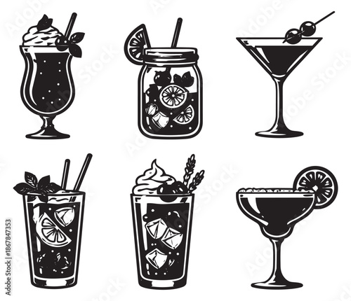 Hand drawn cocktail set featuring various classic and tropical drinks for summer parties and bar menus