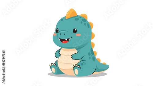 Adorable teal baby dinosaur sitting with yellow dorsal plates, cream belly, blushing cheeks, smiling