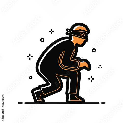 Black and orange minimalist crouching figure in blindfold, masked and tiptoeing with alert stealthy