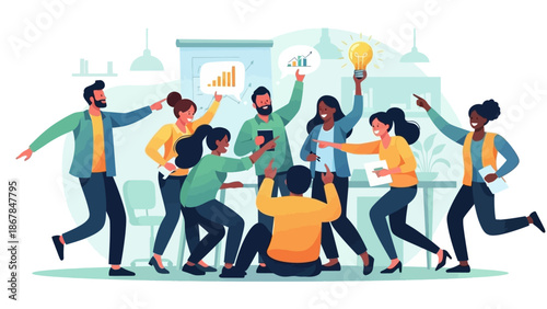 A diverse, energetic business team celebrates success and innovative ideas in a modern office environment, showcasing collaboration and achievement.