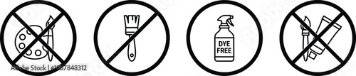 Dye free and no paint icon set with prohibited signs for allergic product labeling and chemical free packaging.