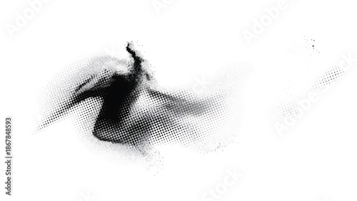 Dark halftone ink swirl disperses into scattered dots and soft gray gradients across whitespace area