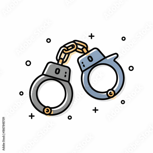 Doodle-style linked handcuffs, one gray and one blue, gold chain, simple shadow and decorative dots