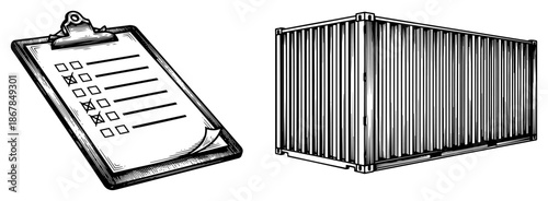 Logistics checklist clipboard and large cargo shipping container sketch