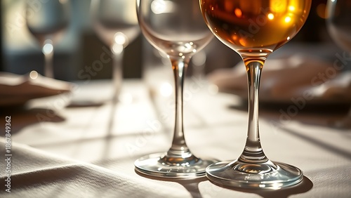 refractive. Crystal wine glass with golden liquid, backlight creating a refractive glow on textured cloth. bar promotions, beverage menus,