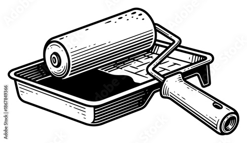 Paint roller and tray tool for home renovation in vintage engraving style