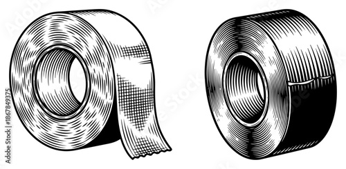 Rolls of adhesive duct and masking tape in vintage engraving style