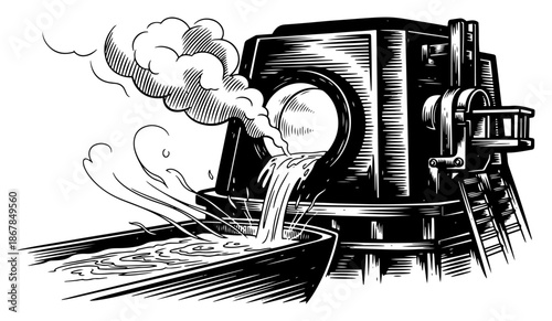 Molten metal pouring from industrial furnace in vintage engraving style