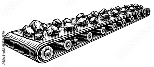 Industrial conveyor belt transporting piles of raw coal or ore