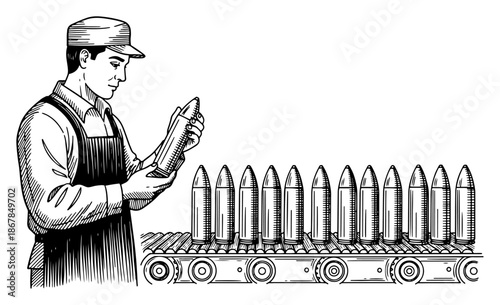 Factory worker inspecting ammunition quality on production line sketch