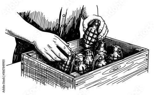 Hands packing military hand grenades in wooden crate box